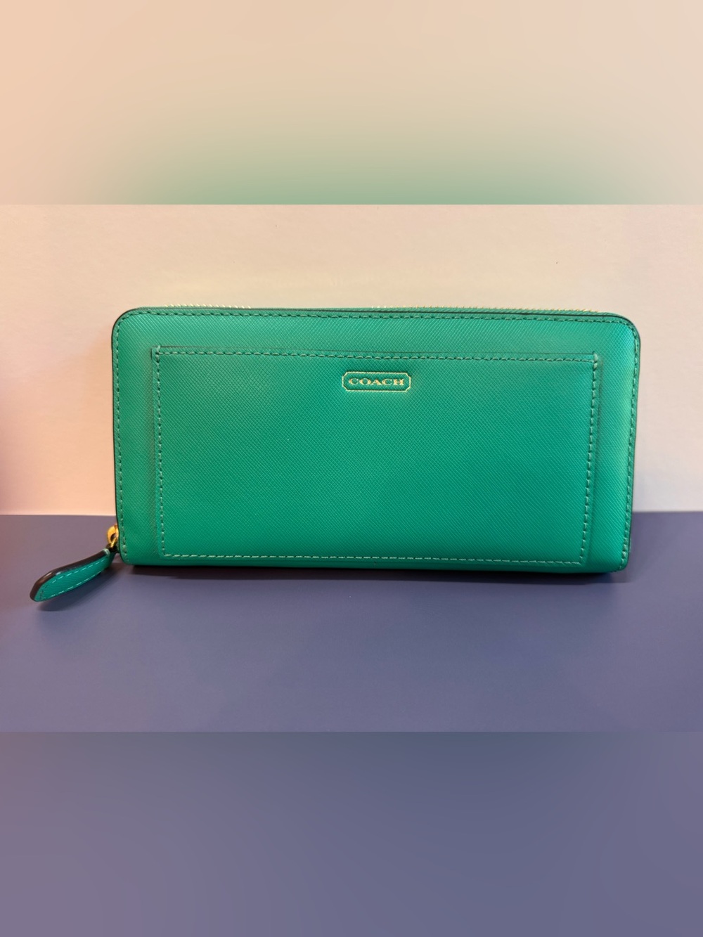 Coach Green Zip-Around Leather Wallet with Logo Plaque